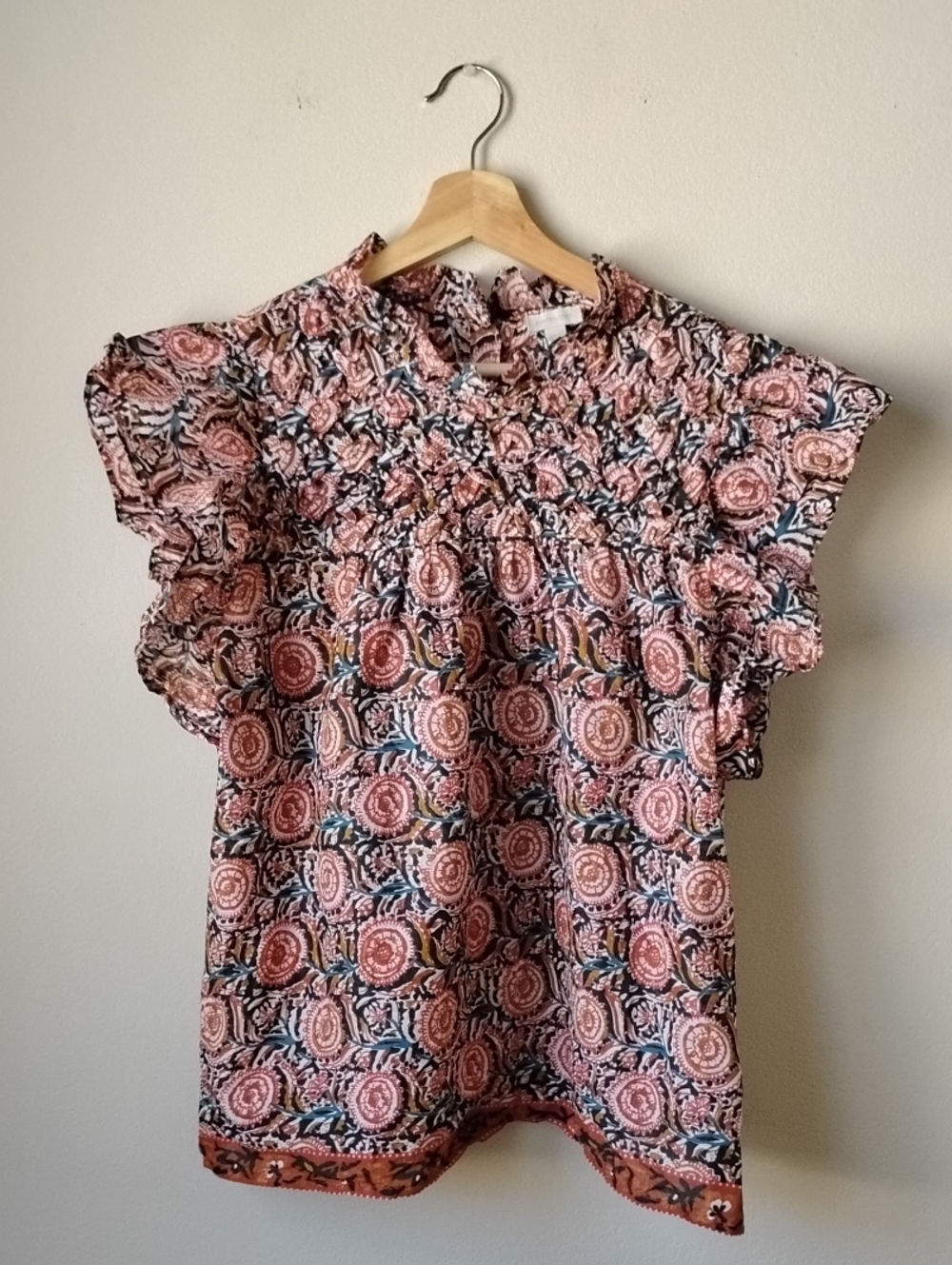 Jennifer & Grace Floral Smocked Ruffle Sleeve Blouse in Coral and Navy